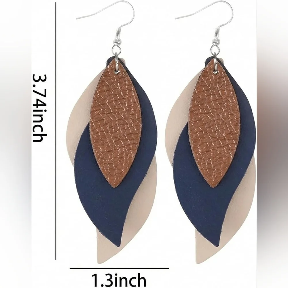 Layered Faux Leather Lightweight Boho Dangle Drop Leaf Earrings